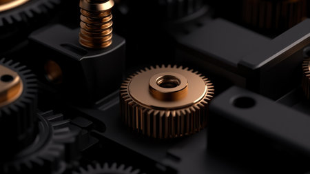 Golden metallic gears are meticulously arranged on a deep black background, highlighting the beauty of precision engineering and innovative industrial design that captivates with intricate details.の素材