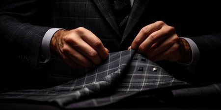 Craftsmanship shines as hands expertly manipulate checkered fabric, preparing for the creation of a tailored suit. Precision and attention to detail define this artistic process.の素材