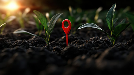 A bright red location pin stands firmly in the ground of a lush green field as the sun sets in the background.の素材