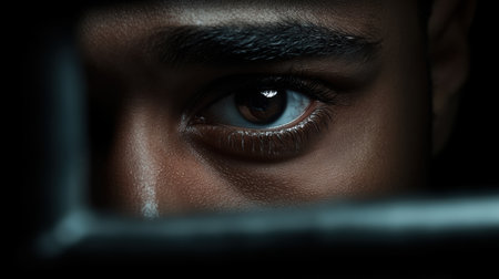 Eyes filled with defiance and resolve peer through cold prison bars, reflecting the struggle between freedom and confinement in a dimly lit space. The atmosphere is heavy with raw emotion.の素材
