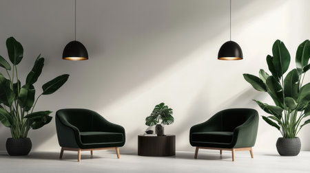Two elegant green velvet armchairs with wooden legs form a cozy nook in a modern living room, surrounded by lush greenery and stylish minimalist furniture, perfect for relaxation and conversation.の素材