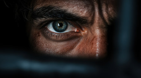 Close-up of a pair of intense eyes fixed on the viewer through iron bars, expressing deep emotions of anger and determination. This moment embodies a powerful struggle against confinement.の素材