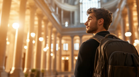 A young man stands captivated by the stunning classical architecture of a university, immersed in thoughts of the rich history and cultural significance surrounding him.の素材