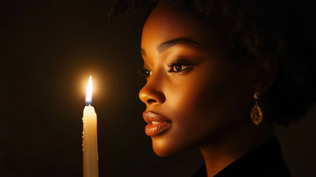 A person holds a lit candle close to their face, allowing the flickering light to create a soft glow.の素材