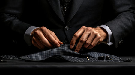 Close-up view of a tailor's hands expertly holding checkered fabric, showcasing meticulous preparation for an elegant suit design, embodying the craft of tailoring.の素材