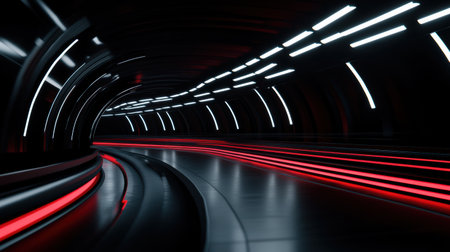 Experience a mesmerizing journey through a futuristic tunnel where dynamic flows of data traverse glowing pathways.の素材