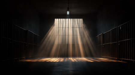 Sunlight streams through the barred window of a dimly lit prison cell, illuminating dust particles and creating a stark contrast with the surrounding shadows.の素材