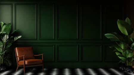 A vintage room exudes elegance with its plush leather armchair set against rich green walls and wooden paneling. Natural light filters through windows, enhancing the cozy atmosphere.の素材