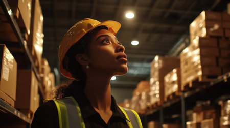 In a large storage facility, a warehouse worker wearing a yellow helmet and safety vest carefully inspects tall shelves filled with packages.の素材
