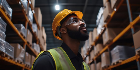 A diligent warehouse worker in a yellow helmet and safety vest inspects towering shelves filled with packages in a spacious storage facility. Attention to detail ensures safety and efficiency.の素材