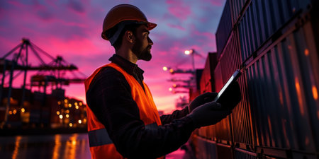 Amidst striking colors of the sunset, a diligent worker in an orange safety vest and hard hat inspects stacks of shipping containers at a busy port, ensuring everything is in order.の素材
