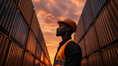 Amidst towering shipping containers, a diligent worker in an orange safety vest and hard hat inspects the site, framed by a stunning sunset that enhances the atmosphere with warm colors.の素材