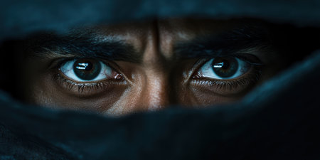 Close up of intense eyes peering through prison bars, reflecting powerful emotions of anger, determination, and the weight of confinement. This visual evokes themes of personal struggle and defiance.の素材