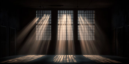 Sunlight pierces through the barred window of a prison cell, illuminating a stark, dark room. The interplay of light and shadow creates a powerful image of confinement and hope amidst desolation.の素材