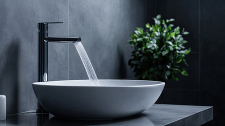 In a bright and stylish bathroom, water streams gracefully from a contemporary faucet into a pristine white sink, highlighting the importance of water conservation and hygiene.の素材