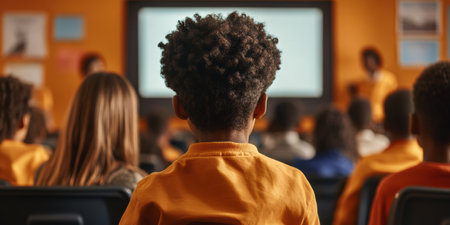 In a dynamic classroom filled with bright colors, a student attentively watches the whiteboard, immersed in the learning experience alongside peers.の素材