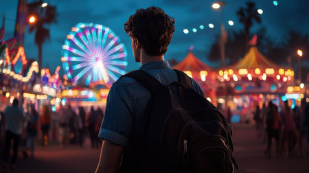 Filled with colorful lights, the vibrant carnival atmosphere enchants as a backpacked wanderer admires the joyful sights and sounds of the night. Excitement permeates the air.の素材