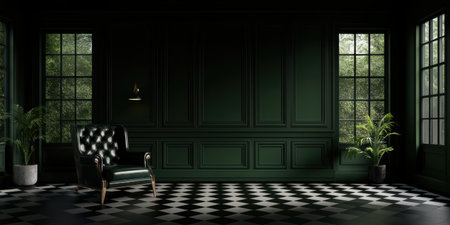 In a lush green room, a classic leather armchair invites relaxation by the window. The checkered black and white floor adds charm, while plants frame the space, enhancing its cozy elegance.の素材