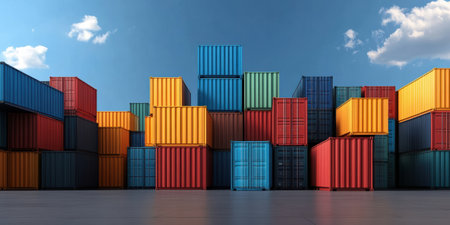 A collection of shipping containers in diverse colors are neatly stacked at a port, set against a backdrop of a clear blue sky dotted with fluffy white clouds.の素材