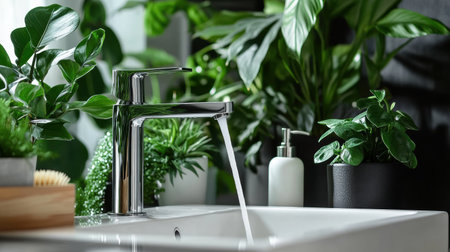 Water gracefully streams from a sleek faucet into a pristine sink, surrounded by an array of lush green plants that enhance the bathroom's cleanliness and promote water conservation.の素材