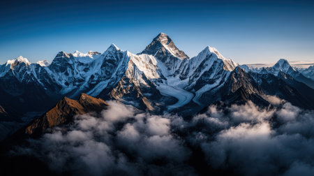 Majestic mountain peaks capped with snow tower above swirling clouds, creating a stunning contrast against the clear blue sky, revealing nature's grandeur at dawn.の素材