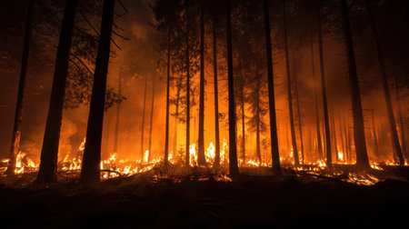 Intense flames rage through a forest as the sun sets, casting an eerie glow. Trees stand silhouetted, highlighting the destructive force of the fire on the landscape.の素材