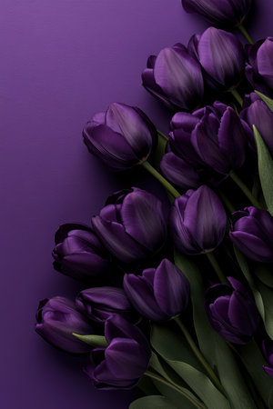 A stunning arrangement of deep purple tulips, beautifully tied with a ribbon, rests against a matching background.の素材