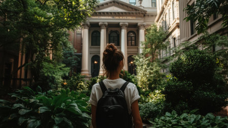 Standing among vibrant foliage, a girl gazes at the majestic classical architecture of a university, feeling a connection to history and culture. The atmosphere resonates with beauty and appreciation.の素材