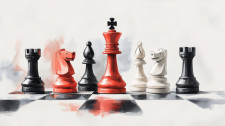 Brilliantly colored watercolor chess pieces stand proudly on a classic checkerboard. Each figure radiates unique artistry, inviting players to engage in the strategic battle.の素材