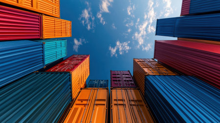 Stacked high in a variety of colors, these shipping containers stand impressive against a bright blue sky adorned with fluffy clouds, capturing the essence of port life and activity.の素材