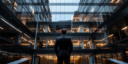 Standing with his back to a contemporary glass building, a businessman contemplates the reflections of the lively surroundings on a clear, sunny day. The atmosphere is filled with energy and ambition.の素材