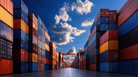Colorful shipping containers are stacked high at a bustling port, creating a striking contrast against the clear blue sky filled with fluffy white clouds. The atmosphere is dynamic and lively.の素材