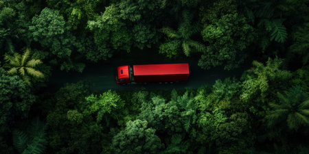Traveling through a vibrant landscape, a red delivery truck moves steadily along a winding road drenched in greenery. This view captures the harmony between transportation and nature.の素材