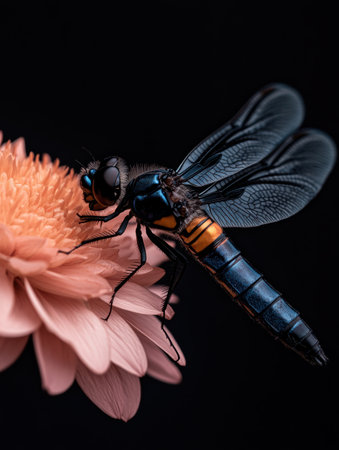 A mesmerizing blue and yellow dragonfly with iridescent wings explores a delicate pink flower, perfectly contrasting against a deep black background, showcasing nature's artistry.の素材