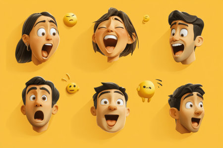 A cheerful array of animated emoticons showcases various expressions including happiness, joy, surprise, and laughter against a bright yellow background, perfect for enhancing user interactions.の素材