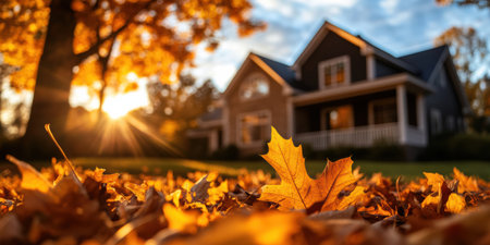 Close-up of striking autumn leaves in shades of orange and yellow, nestled on the ground with a soft focus on a charming house illuminated by the golden tones of sunset.の素材