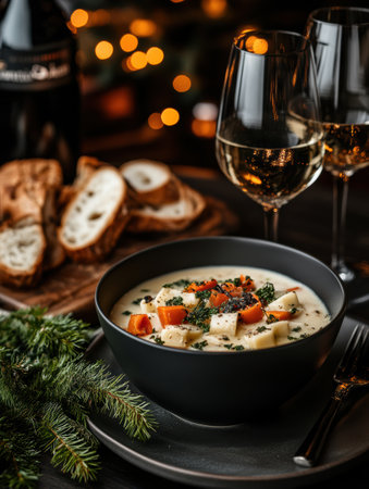 Savory Swiss soup brimming with fresh vegetables and herbs sits elegantly on a table, accompanied by slices of bread and glasses of wine, evoking the warmth of the pre-winter season.の素材