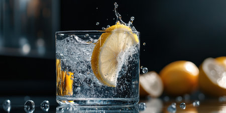 Bright lemon wedge dramatically descends into sparkling water, creating a splash that releases tiny bubbles, all set against a lively citrus-inspired backdrop. Soft lighting enhances the freshness.の素材