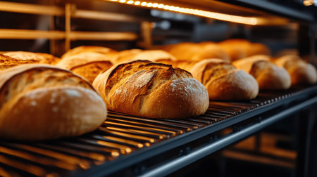 Warm, golden bread loaves glide along a conveyor belt in a bustling bakery. The aroma fills the air as bakers ensure quality in their daily craft.の素材