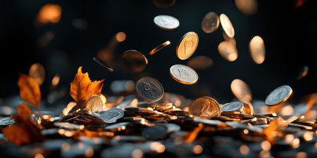As coins tumble gracefully through the air, their glinting surfaces catch the light. Surrounding them, vibrant autumn leaves add a touch of warmth, creating a stunning contrast.の素材