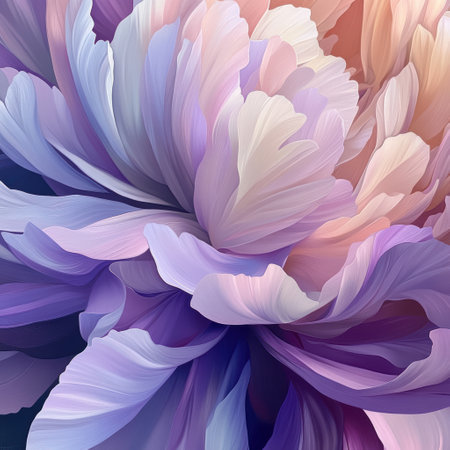 In a tranquil garden at dawn, soft lavender and peach petals of a blooming flower slowly unfurl, revealing intricate layers of beauty. Nature's art captivates with its gentle elegance.の素材