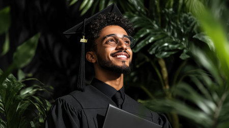 A young man wearing a graduation cap and gown stands among vibrant plants, smiling broadly while holding his diploma. His expression radiates pride and excitement for the future ahead.の素材