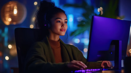 In a soft-lit room filled with ambient colors, a young woman focuses on her computer while wearing headphones. The atmosphere combines relaxation and discovery, perfect for late-night adventures.の素材