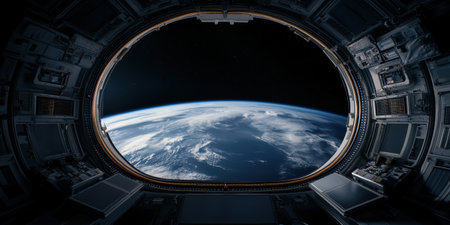 A stunning view reveals the Earth from a space station's round window, showcasing vibrant blue oceans, swirling clouds, and the vastness of space.の素材