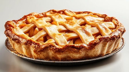 Freshly baked apple pie sits on a countertop, its flaky crust glistening under warm light. Delicious scents waft through the air, hinting at sweet and tart flavors ready to be savored by loved ones.の素材