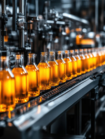 Bright orange bottles filled with a refreshing drink move steadily along a metallic conveyor belt in a busy factory. Workers oversee the process in a well-lit setting, showcasing efficient production.の素材