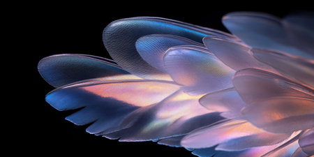 Delicate petals shimmer with iridescent hues, creating an enchanting visual spectacle. The soft shapes exude a captivating beauty, contrasting with the rich darkness behind.の素材