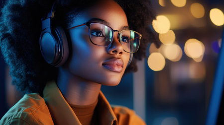 In a vibrant and cozy atmosphere, a young woman with curly hair and glasses is deeply focused on her music, wearing headphones.の素材