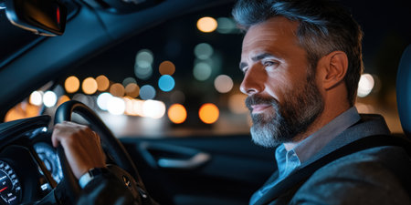 A man drives through a vibrant city at night, illuminated by colorful lights. The reflections create a captivating atmosphere as he calmly navigates the bustling streets.の素材
