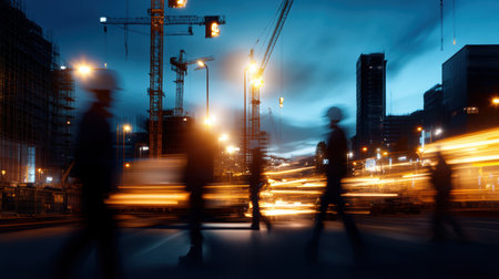 Amidst the towering cranes and glowing construction lights, workers move swiftly through the urban landscape as dusk descends. Their silhouettes blend with the vibrant city atmosphere.の素材